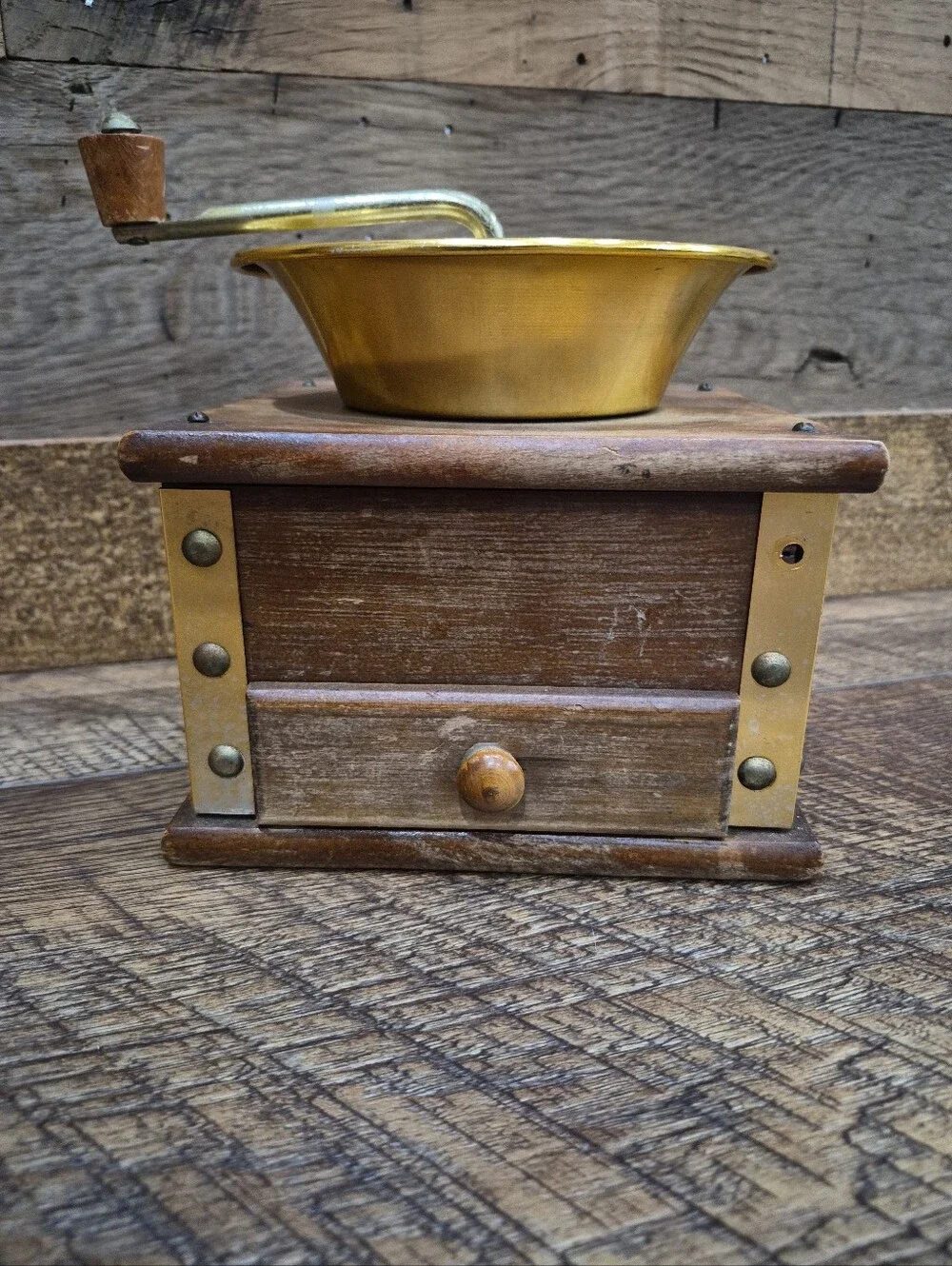 Vintage Old Americana Gold Tone Aluminum & Wood Coffee Grinder Mill Manual Crank